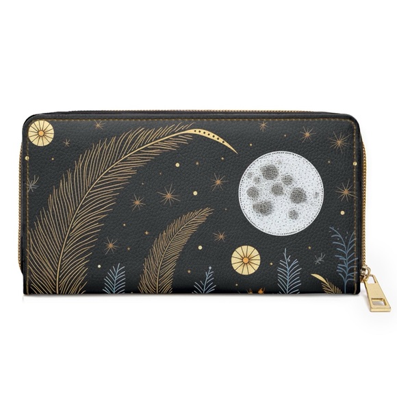 Celestial Moon Zipper Wallet | Black Flower Midnight Themed Wallet Design - Picture 1 of 5